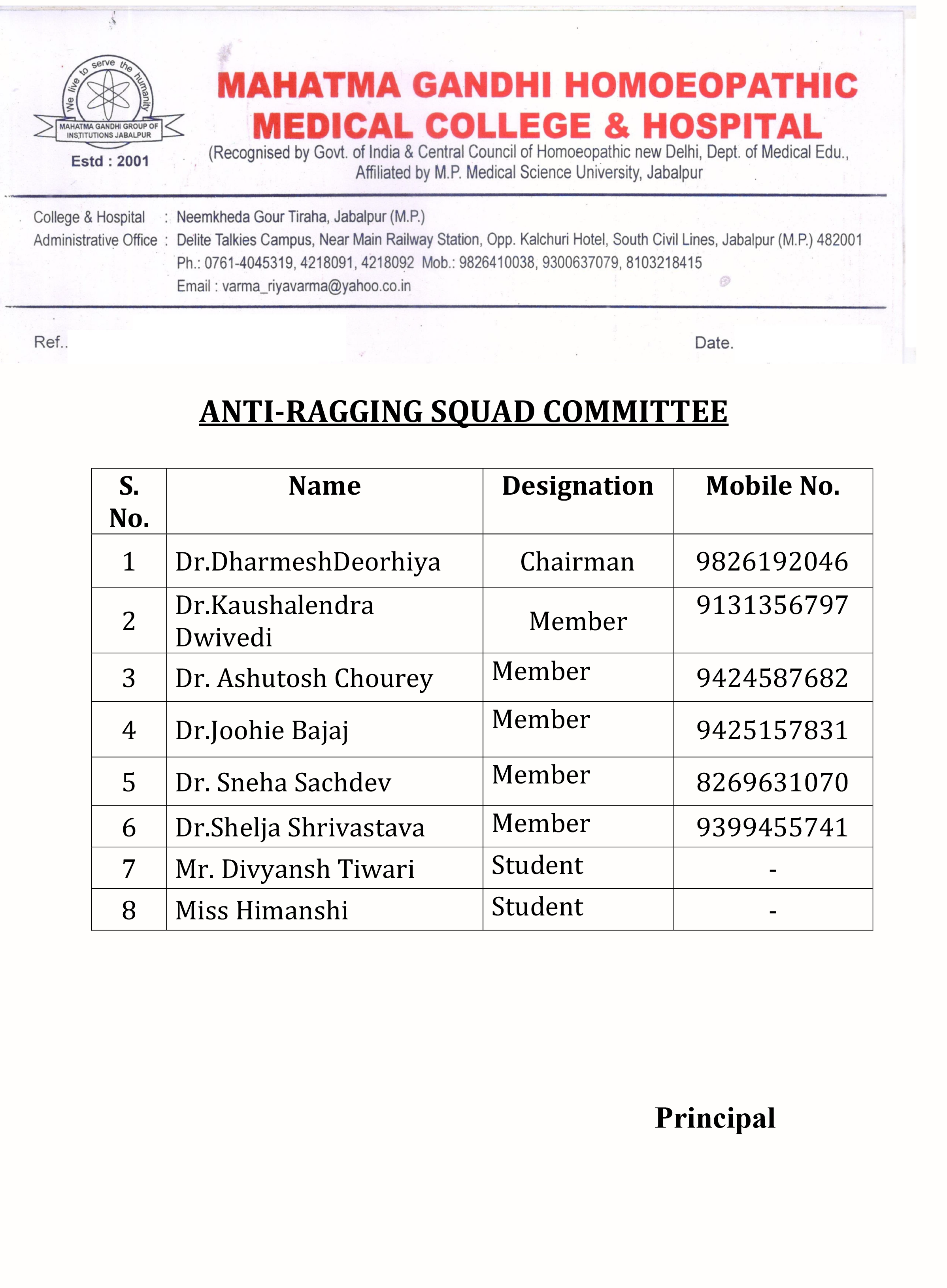 Mahatma Gandhi Homoeopathic Medical College & Hospital Anti-Ragging Committee